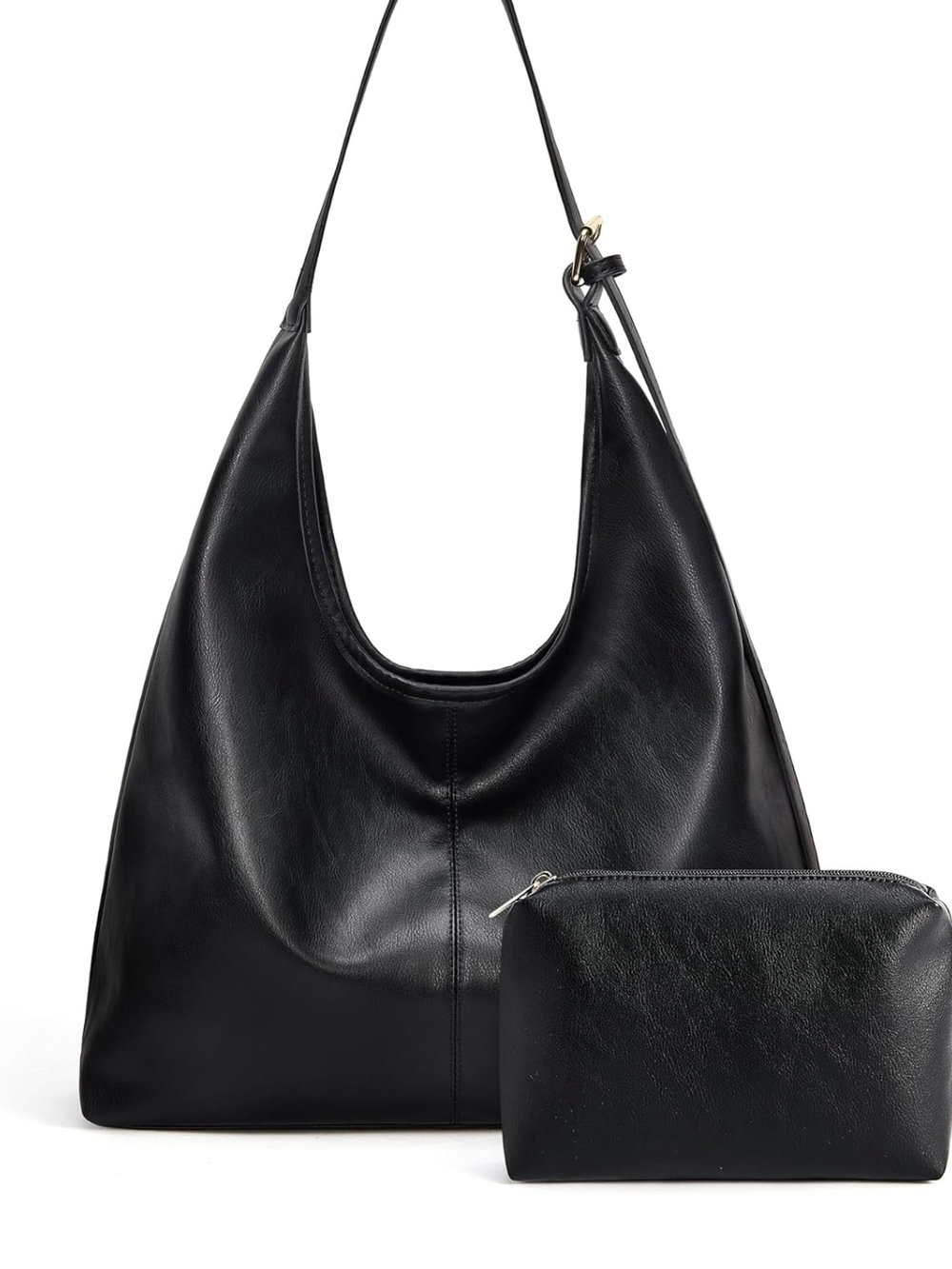 Black Leather Hobo Shoulder Bag with Pouch
